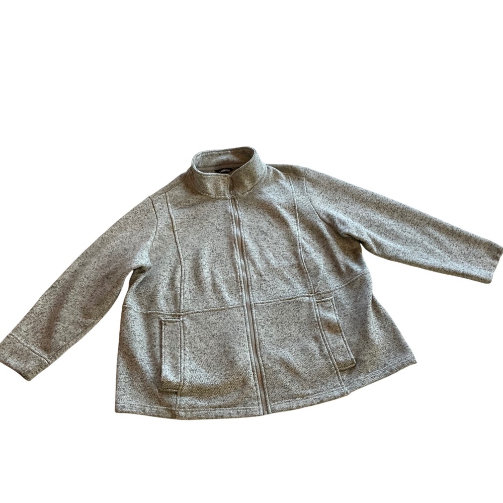 Lands End Womens 3X Grey Herringbone Full Zip Jacket Mock Neck Plus Size